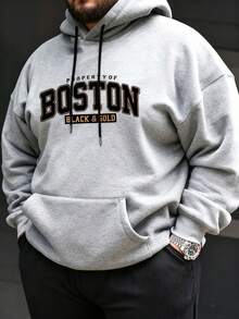 Plus Size Men's Boston English Letter Print Casual Drawstring Hoodie Sweatshirt