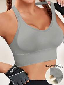 Seamless Shock-Absorbing Sports Bra, Wireless Fitness Top, Women's Criss-Cross Back Sports Tank, Beautifying Supportive Sports Bra, Yoga Bra, Women's Shock-Resistant Running Underwear Bra - Grey - View 4
