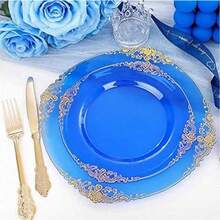 50pcs/25pcs/20pcs/10pcs Transparent Blue Rimmed Plates, Party Decor Plates, Western Dinner Plates, Banquet Plates, Pasta Plates, Large 10.25in/Small 7.5in, Reusable Washable Blue Rimmed Plates, Transparent Blue Baroque Style Plates With Gold Foil Rim, Suitable For Party, Banquet, Wedding, New Year, Valentine's Day, Quality Plate Set - Blue - View 9