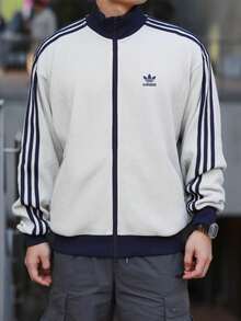 Adidas Originals TRACK TOP KNIT Unisex Logo Stand Collar Sporty Loose Drop Shoulder Long Sleeve Jacket KC2618 - Off-white/blue - View 3