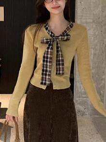 Women's Elegant Casual Commuting Fashion Versatile Plaid Bow Knit Cardigan - Multicolor - View 2
