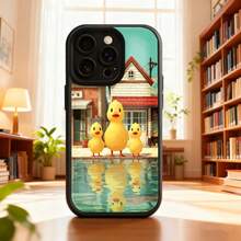 Cubierta de teléfono con diseño de patos amarillos en escena acuática para iPhone 14 Pro Max color negro con estampado de tres patitos y reflejo en agua ideal para uso diario en casa o oficina Aplicable a teléfonos Apple y Galaxy. - Negro - Ver 2