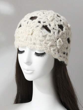 1pc Handmade High-Quality Crochet Hollow Floral Sequin Knitted Hat For Women, Fashionable All-Match Lightweight Beanie Cap, Suitable For Spring, Summer, Autumn, Winter