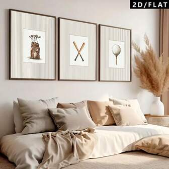 1/3pcs Golf And Baseball Themed Wall Decor Paintings, Creative Design Canvas Posters With Beige And White Stripes, Wall Arts Prints, Suitable For Sports Pipe Wall Decor, And Can Also Be Used For Bedroom, Living Room, Kitchen, Home Decor(No Frame)