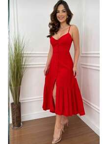 Maria Flor Midi Dress With Thin Straps, Padded Cups, Buttons, And Front Slit. - Red - View 1