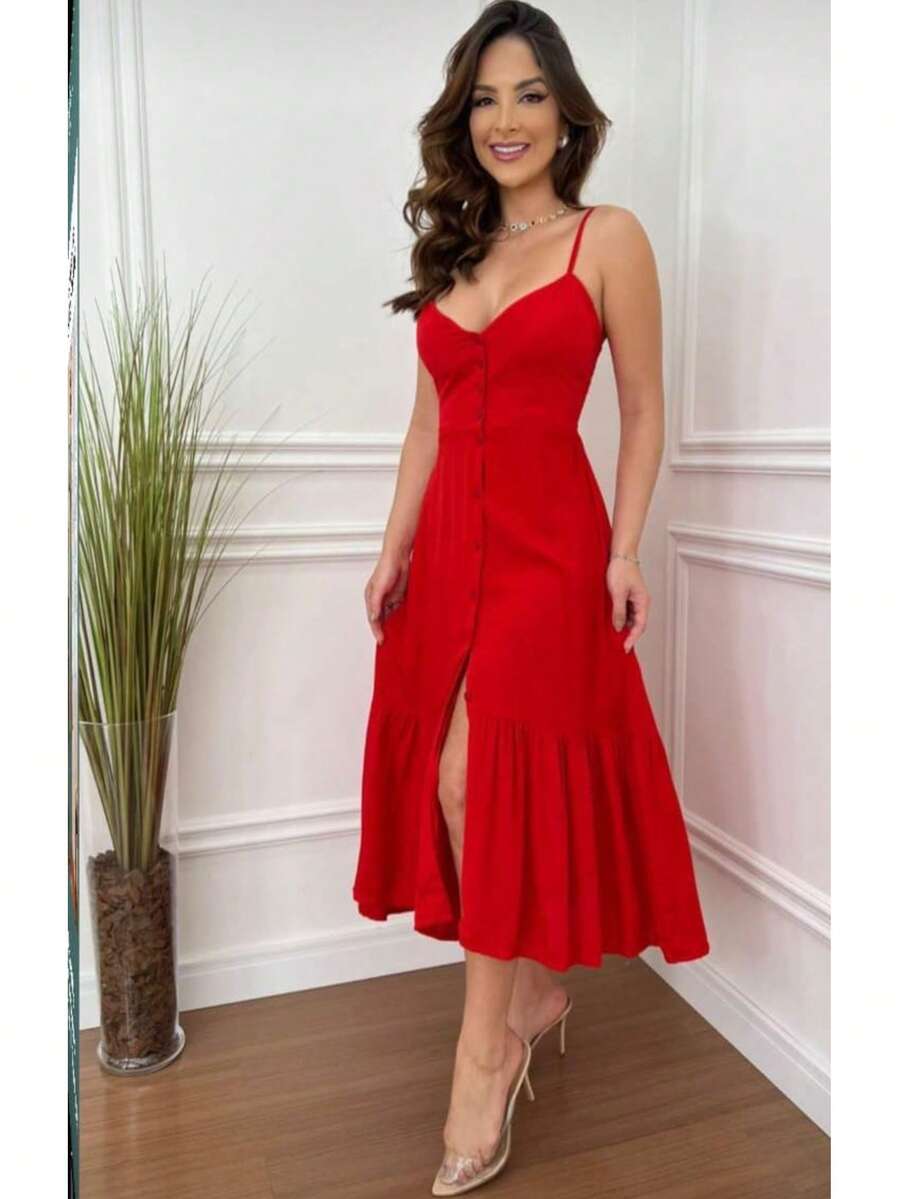 Maria Flor Midi Dress With Thin Straps, Padded Cups, Buttons, And Front Slit. - Red - View 1