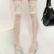 1 Pair Of Elegant Gothic Lace Over-The-Knee (OTK) Fishing Net Socks For Ladies - Transparent Pantyhose With Ruffles And Striped Patterns, Comfortable Support Design, Suitable For Casual, Party And Daily Wear - Sexy Statement Leg Accessories With Lace Details, Hand Wash Or Dry Clean, Spring And Summer Season Multi-Functional For Home, Outdoor And Party Use (Black/White) - Suitable For Theme Events And Daily Use, Sexy Stockings For Women - Xám - Xem 9