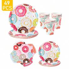 Bộ đĩa, khăn ăn, cốc dùng một lần hình bánh Donut nhiều màu, đĩa, khăn ăn và cốc dùng cho tiệc tùng, phục vụ 8 khách, đĩa giấy dùng một lần, đồ dùng tiệc tùng thích hợp cho sinh nhật, đám cưới, tiệc theo chủ đề, dã ngoại gia đình - Nhiều màu - Xem 1