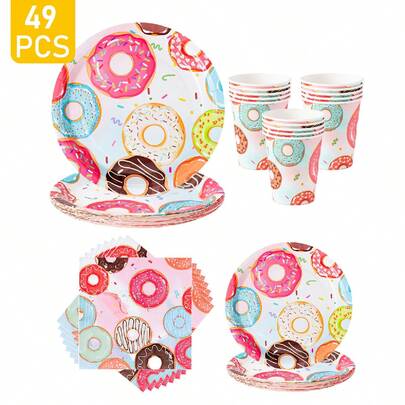 Colorful Donut Disposable Plate, Napkin, Cup Set, Plates, Napkins And Cups Party Supplies, Serves 8 Guests, Disposable Paper Plates Party Tableware Suitable For Birthday, Wedding, Theme Party, Family Picnic