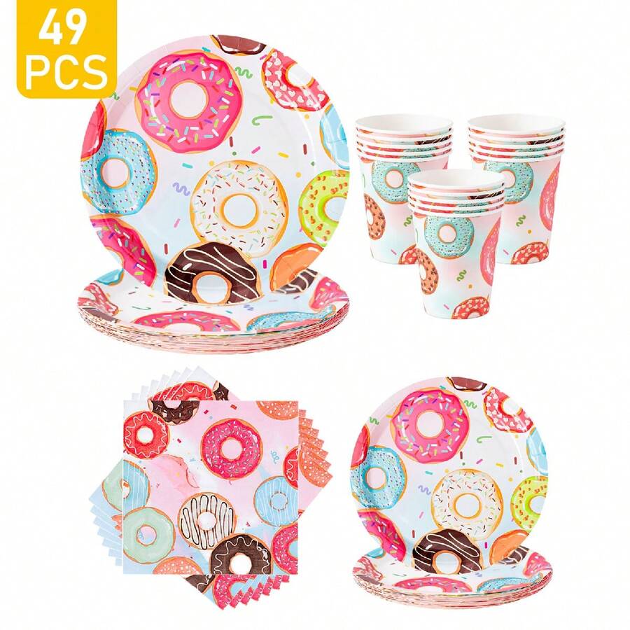 Bộ đĩa, khăn ăn, cốc dùng một lần hình bánh Donut nhiều màu, đĩa, khăn ăn và cốc dùng cho tiệc tùng, phục vụ 8 khách, đĩa giấy dùng một lần, đồ dùng tiệc tùng thích hợp cho sinh nhật, đám cưới, tiệc theo chủ đề, dã ngoại gia đình - Nhiều màu - Xem 1