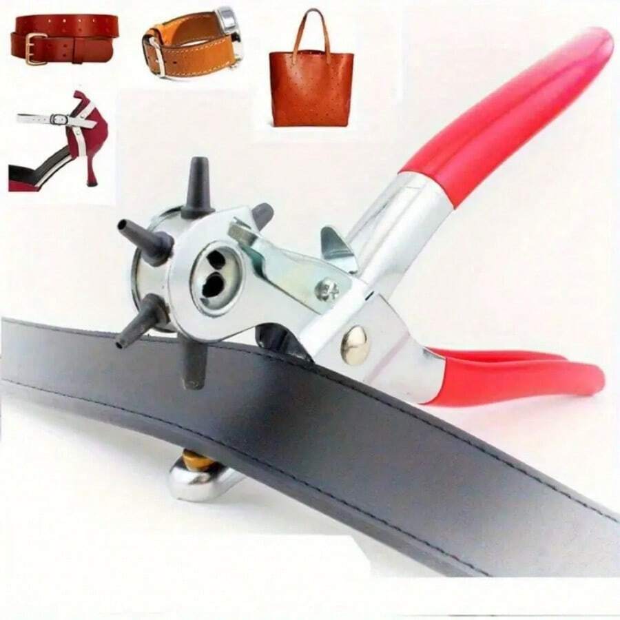 1pc Heavy Duty Rotary Leather Punch Plier With Ergonomic Handle And Multi-Size Punch Set - Manual Lever Mechanism For Precise Round/Rectangle/Square/Star/Heart/Clover Holes - Suitable For Belts, Watch Bands, Leather Crafts, DIY Sewing Projects - Construction, No Battery Required - Multicolor - View 1