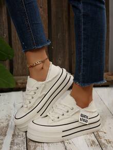 女士流苏厚底帆布鞋，春秋新款百搭休闲运动鞋 - 白色 - 查看 3