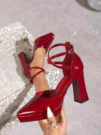 Tacones altos de tacón grueso con punta puntiaguda y color rojo angora para mujer, de moda y minimalistas, elegantes y cómodos para ir al trabajo, banquetes, fiestas y ocasiones formales