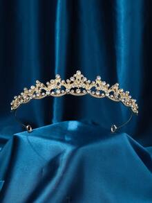 1pc Queen's Diamond Wedding Crown Alloy Bridal Tiara For Women Princess Birthday Party Hair Accessories With Crystal Accents - Gold - View 4