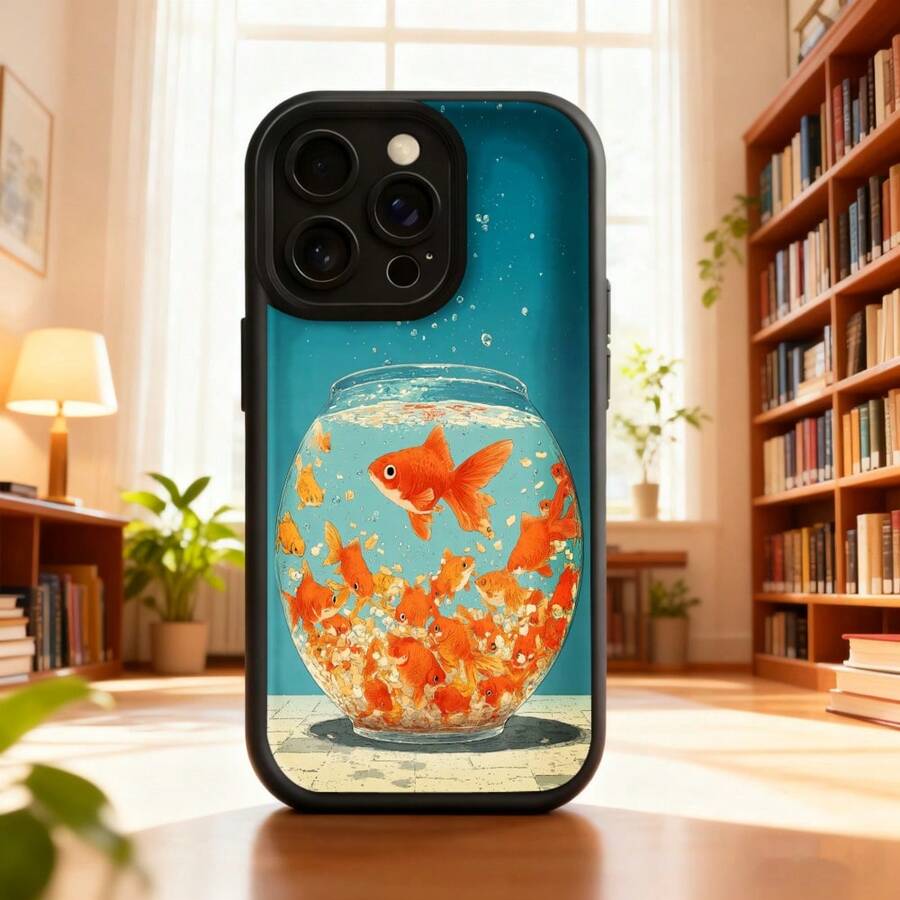 Cubierta de telefono con diseño de pecera de peces dorados azul claro para uso diario en casa y oficina Aplicable a teléfonos Apple y Galaxy. - Negro - Ver 1