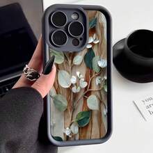 Cubierta de teléfono con borde protector color negro diseño de hojas verdes y flores blancas sobre fondo de madera para uso diario y estilo natural - Blanco - Ver 1