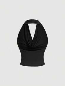 Top casual de mujer de ajuste ceñido de unicolor que se puede usar de 3 maneras para el verano: cuello de capucha, hombros descubiertos, tops estéticos para festivales, atuendos campestres, vacaciones en la playa, té, modesto, baile de graduación, tops lindos - Negro - Ver 2