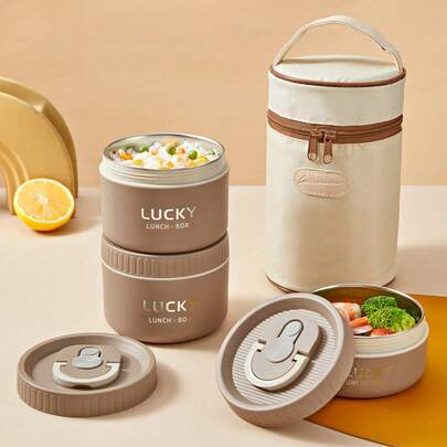 1/2/4 Pcs 304 Stainless Steel Thermal Insulated Bento Lunch Box With Lunch Bag & Tableware, Portable Bento Box With Handle, Microwave Allowable & Hot Water Heating, Sealed And Leak Proof Fruit Salad Food Storage Container, Keep Food Warm Lunch Container, Suitable For Student And Adult Use In Home, School, Dorm, Office, Party, Outdoor Camping, Picnic,Travel, Bakc To School