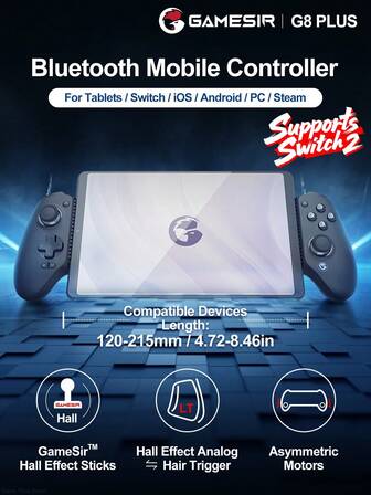  GameSir G8 Plus Tablet Mobile Gaming Controller PC Gamepads Compatible With Nintendo Switch 2 Switch Android IOS Phone Compatible Device Length 120-215mm Hall Effect Joysticks And Analog Triggers,6-Axis Gyroscope Asymmetric Motors