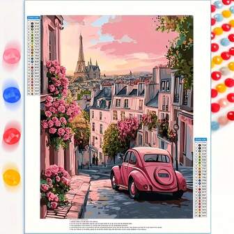 1 st 5D diamantmålningsset, Paris gatulandskapstema, rund diamantkonst ramlös, gör-det-själv-heminredning, 30x40 cm/11,8 tum x 15,8 tum, lämplig för olika väggdekorationer och bordsplacering, en perfekt julklapp till Eid Al Adha Mubarak