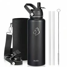 BUZIO Leak Proof Insulated Water Bottle, Stainless Steel Water Flasks With Straw Lid And Carrying Pouch, Keep Cold 48h Double Wall Vacuum Travel Mug Metal Canteen For Fathers Dad Gift - 黑色 - 查看 10