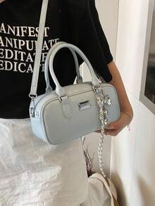 Women's Boston Tote Bag With Doll Charm, Textured Crossbody Handbag, Large Capacity Mama Bag, New Autumn/Winter Style, All-Season Commuter Tote - Baby Blue - View 4