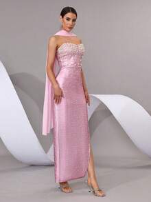 水钻露肩开叉大腿抹胸婚礼伴娘礼服，节日派对绷带礼服