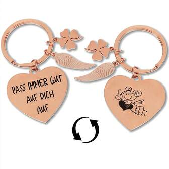 Llavero con mensaje inspirador "Pass Auf Dich Auf" grabado en alemán - Amuleto de la suerte con forma de corazón de doble cara | Regalo de buena suerte para exámenes, bendición para el permiso de conducir, regalo para el Día de San Valentín/Graduación/Año Nuevo