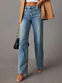 Women Wide Leg Baggy Jeans Mid-High Waisted Straight Stretchy Denim Pants Seamed Long Trousers Spring And Summer Clothes - Màu xanh lam - Xem 2