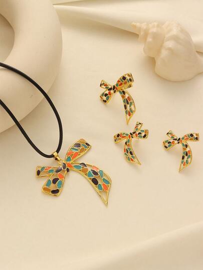 1 Set Vintage Colorful Oil Drop Butterfly Jewelry Set, PU Leather Necklace, Earrings, Ring 3 PiecesSet