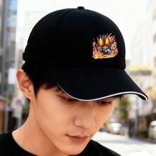 Black fashion cap with a design of flames and robots, contemporary style graphic print small head around duck cap breathable sports unisex baseball cap Baseball cap low cap large head around fashionable visual snapback cap Duckville cap snapback ball cap retro low cap - ブラック - チェックする 4