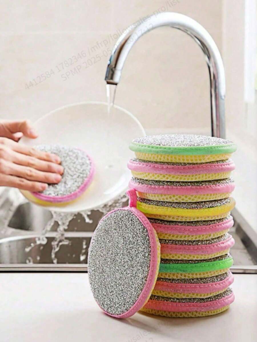 10pcs Multicolor Ultra-Fine Fiber Kitchen Sponges, Reusable Double-Sided Stainless Steel Scrubbing Pads, Soft Cleaning Brushes For Pots And Pans, Random Styles And Colors - Multicolor - View 1
