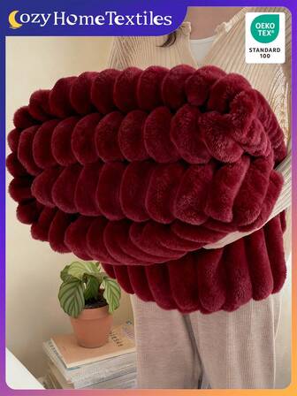 1pc Flannel Ribbed Blanket - The First Choice For Room Decoration, Plain Plush Blanket, Super Soft, Bed Blankets & Towel Blankets, Lightweight, Cozy And Warm Blanket, Soft And Easy Care, Simple Fabric Plush Shaggy Blanket, Home Textile, Burgundy Blanket, Multi-Purpose Blanket For Sofa, Blanket, Oeko-Tex