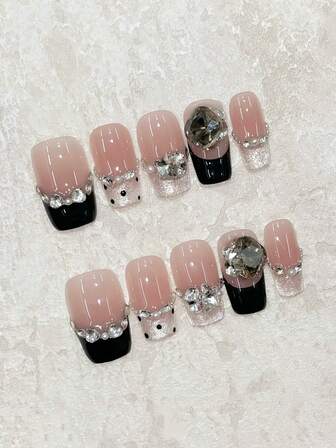 ¡Esencial para niñas dulces! Juego de 10 piezas de puntas de uñas de manicura francesa pintadas a mano con ojos de gato plateados, lunares negros y acentos de rhinestones. Lindos, elegantes, adecuados para uso diario, citas y reuniones con amigos. Pegatinas de arte de uñas reutilizables con gel de gelatina