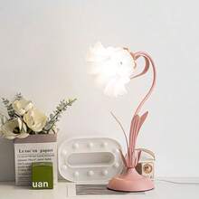 [Romantic Rose Desk Lamp] Romantic Wrought Iron Country-Style Desk Lamp With Ceramic White Rose Flowers & Vines | Rechargeable LED Light With 13 Color-Changing Modes, Remote Control & Adjustable Design For Bedroom, Study, Living Room | Ideal Valentine's Day Gift - Pink - View 4