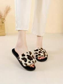 热搜网红仙女风豹纹毛绒拖鞋女装2025秋季新款平底拖鞋圆字棉拖鞋 - 咖色 - 查看 2