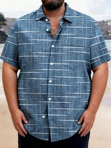 Retro Geometric Textured 3D Digital Print Button Pocket Short Sleeve Shirt In Plus Size For Men - Navy Blue - View 1