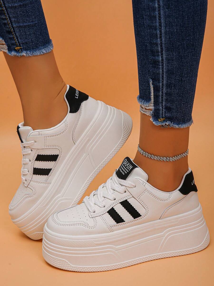 White Versatile Casual Women's Shoes, Fashionable Ladies' Platform Sneakers - Black and White - View 1