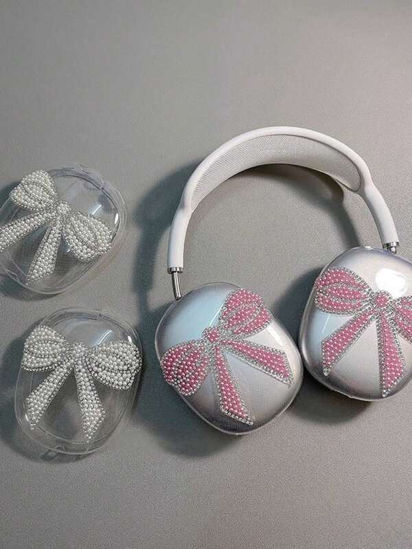 1Pair Ins 3D Diy Pink/White Bow Earphone Case Compatible With Apple Airpodsmax Airpodmax AirpodMax2 Cartoon Shiny Headset Cover(No Headphones Included)