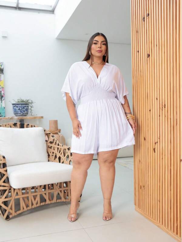 Macaquinho feminino decote V plus size  Simples    Casual    Bolso    Praia  Férias  viagem    verão