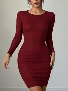 Vestido ajustado sexy nujer manga larga básico elegante look de noche estilo versátil mujer vestido fruncido elegante comodo atractivo - Burdeos - Ver 2