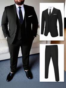 WindsorQuad Furuyal Herren Große Größen 3 Stücke Anzug Set Einfarbig, eleganter Slim Fit mit Einreiher, bestehend aus Sakko, Weste und Hose, geeignet für Hochzeiten, Partys, Galas, formelle Anlässe, Geschäft, Schwarz, Größe XS-3XL - Schwarz - Übersicht 11