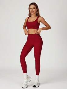 MASKERT Conjunto deportivo para mujer: Sujetador deportivo de cuello cuadrado + Pantalones de yoga de cintura alta y ajuste ceñido, amigable con la piel y que realza la figura, conjunto de 2 piezas para fitness, entrenamiento, correr y actividades al aire libre - Rojo Arcilla - Ver 5