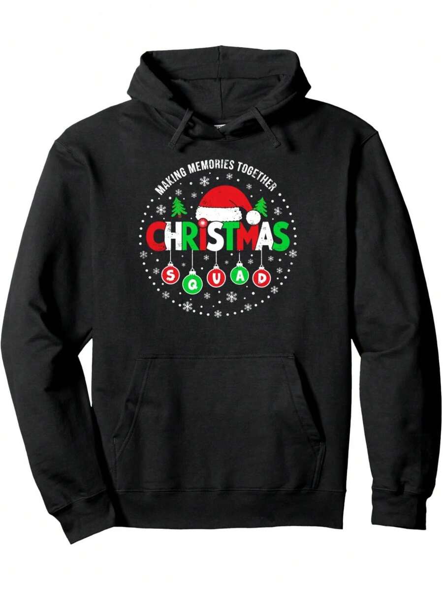 Sudadera navideña 2024 para hombre - Corte holgado talla grande Papá Noel; Sudadera con estampado de renos con bolsillo y gráfico transferido. Letras rojo-verde. Mangas casuales para celebraciones navideñas y reuniones familiares durante todo el año. Conjunto a juego para la familia (Sudadera Papá Noel) - Negro - Ver 1