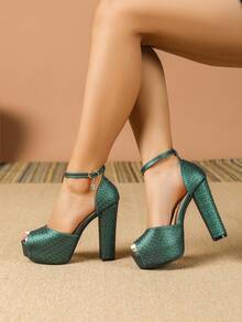 女士搭扣设计新款高跟凉鞋，厚底露趾，性感粗跟，适合春、夏、秋季、夜店派对等场合，时尚高跟凉鞋 - 綠色 - 查看 4