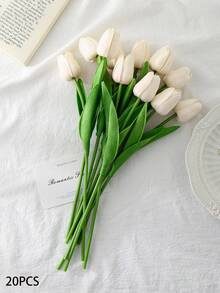 Light Yellow Exquisite Real Touch White Artificial Tulip Bouquets - For Bedroom, Living Room, Wedding, Party, Valentine's Day, Father's Day,Graduation And Mother's Day Gifts, Easter Decorations & Gifts For Girlfriends