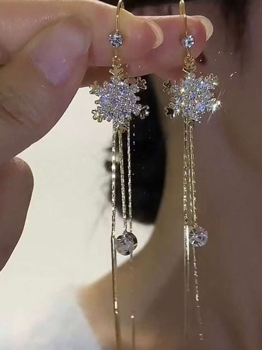 1对圣诞雪花优雅长流苏耳环，简约雪花蝴蝶结樱桃耳环，情人节、圣诞节、新年节日礼物派对配饰 - 彩色 - 查看 1