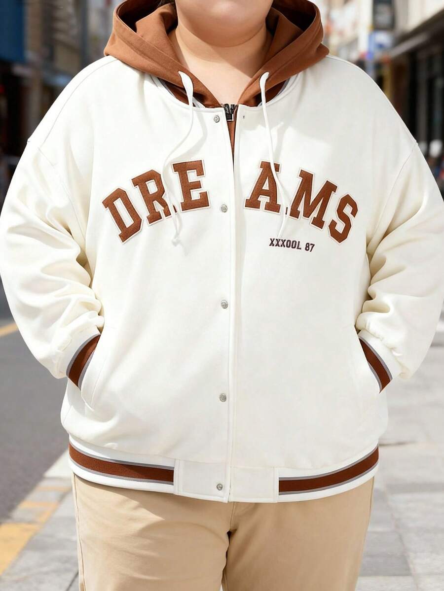 男士加大码刺绣字母图案条纹饰边落肩抽绳连帽夹克 - 白色 - 查看 1