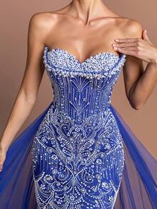 Elegant Women's Strapless Long Party Dress, Adorned With Delicate Pearl And Contrast Mesh Details - 寶藍色 - 查看 2