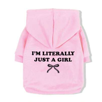 LUCKIE LABO 1pc Solid Color Bowknot "I'M LITERALLY JUST A GIRL" Slogan Printed Polyester Hoodie Sweatshirt, Casual Comfortable Warm Breathable Pet Hoodie Suitable For Cats And Dogs Indoor And Outdoor